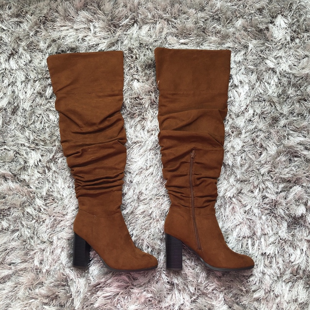 Thigh high faux suede brown boots